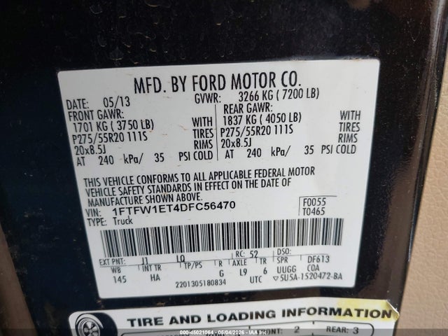 2013 Ford F-150 Fx4/king Ranch/lariat/limited/platinum/xl/xlt მანქანა იყიდება აუქციონზე, vin: 1FTFW1ET4DFC56470, აუქციონის ნომერი: 45021064