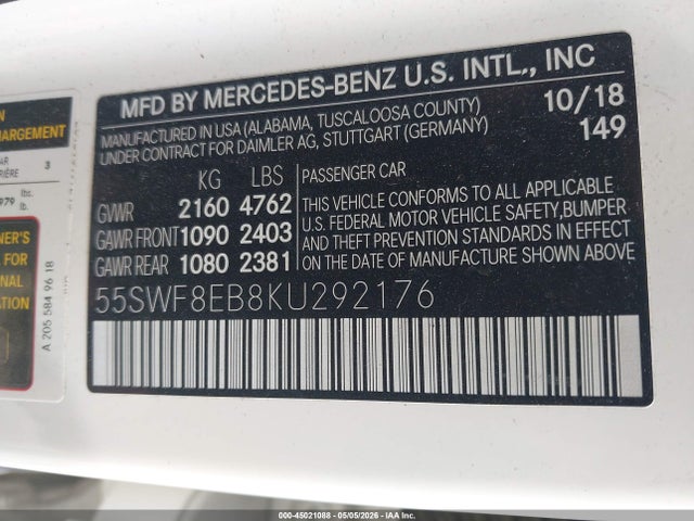 Продажа на аукционе авто 2019 Mercedes-benz C 300 4matic, vin: 55SWF8EB8KU292176, номер лота: 45021088