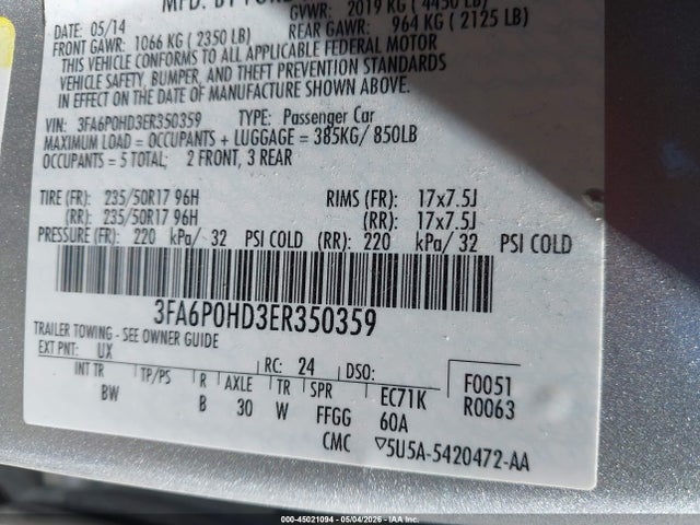 Продажа на аукционе авто 2014 Ford Fusion Se, vin: 3FA6P0HD3ER350359, номер лота: 45021094