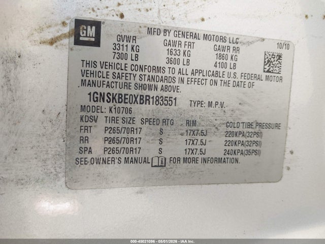 2011 Chevrolet Tahoe Lt მანქანა იყიდება აუქციონზე, vin: 1GNSKBE0XBR183551, აუქციონის ნომერი: 45021096