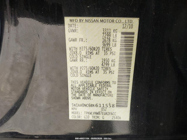 Продажа на аукционе авто 2011 Nissan Armada Platinum, vin: 5N1AA0NC6BN611558, номер лота: 45021104