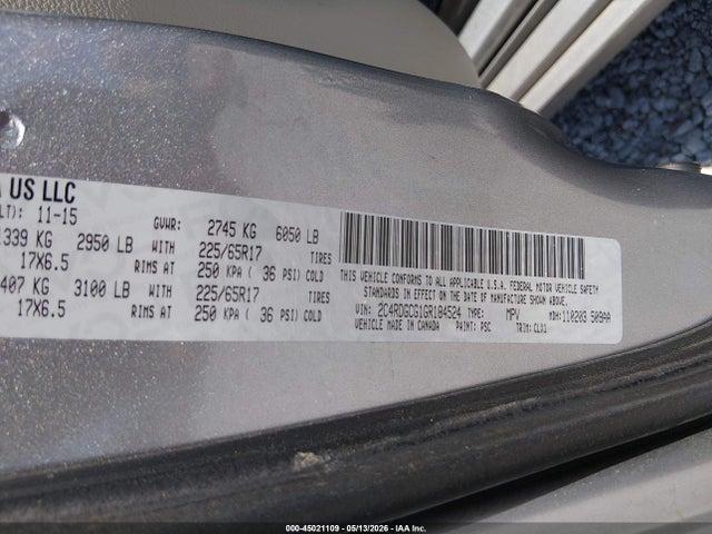 Aukcja sprzedaży 2016 Dodge Grand Caravan Sxt, vin: 2C4RDGCG1GR184524, numer aukcji: 45021109