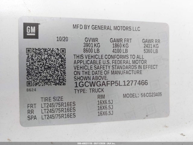 45021119 :رقم المزاد ، 1GCWGAFP5L1277466 vin ، 2020 Chevrolet Express Cargo Rwd 2500 Regular Wheelbase Wt مزاد بيع