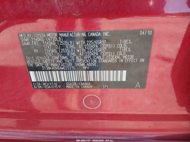 Продаж на аукціоні авто 2010 Toyota Rav4 Base V6, vin: 2T3BK4DV6AW025210, номер лоту: 45021127
