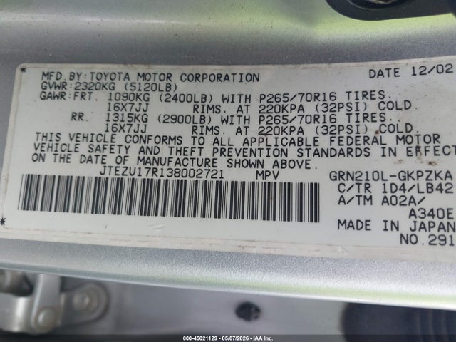Aukcja sprzedaży 2003 Toyota 4runner Limited V6, vin: JTEZU17R138002721, numer aukcji: 45021129