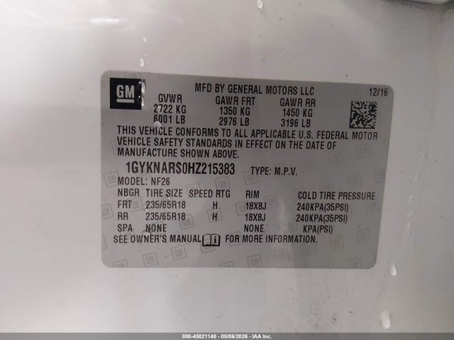 Aukcja sprzedaży 2017 Cadillac Xt5 Standard, vin: 1GYKNARS0HZ215383, numer aukcji: 45021148
