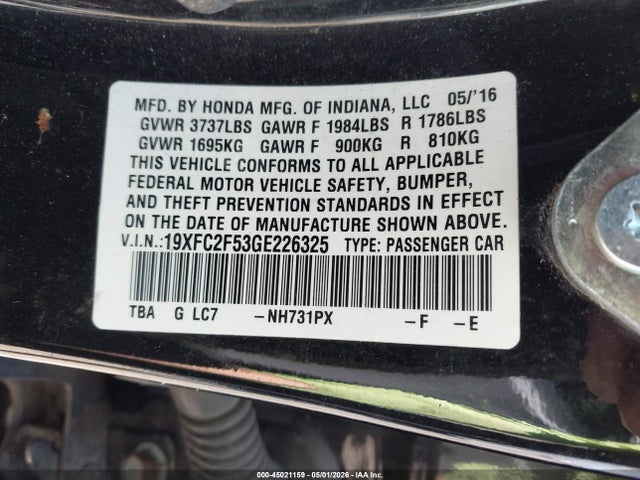 45021159 :رقم المزاد ، 19XFC2F53GE226325 vin ، 2016 Honda Civic Lx مزاد بيع