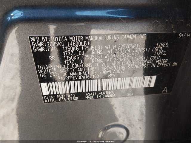 Aukcja sprzedaży 2014 Toyota Rav4 Xle, vin: 2T3RFREV3EW167163, numer aukcji: 45021171