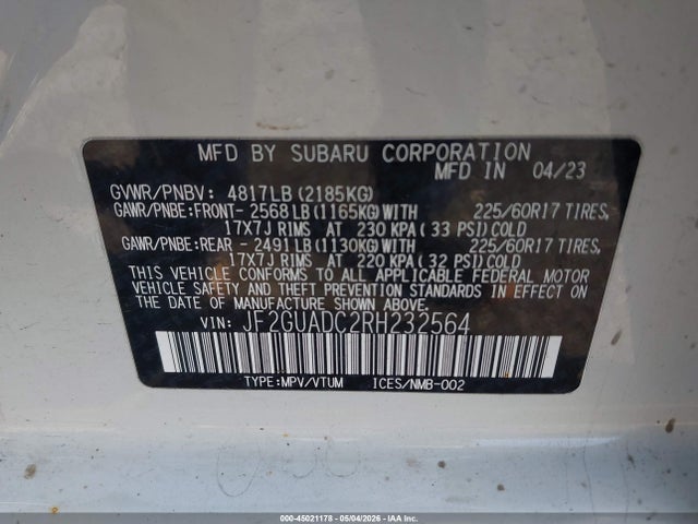 Продаж на аукціоні авто 2024 Subaru Crosstrek Premium, vin: JF2GUADC2RH232564, номер лоту: 45021178