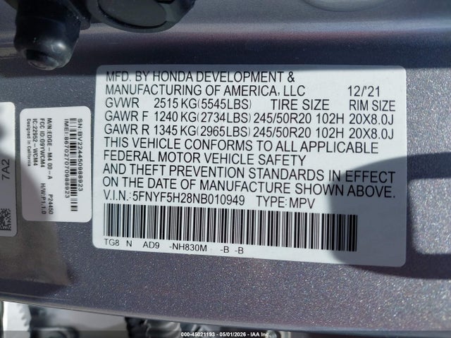 45021193 :رقم المزاد ، 5FNYF5H28NB010949 vin ، 2022 Honda Pilot 2wd Special Edition مزاد بيع