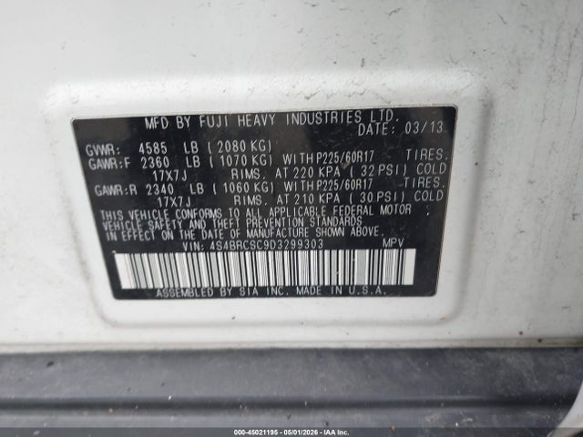 2013 Subaru Outback 2.5i Limited მანქანა იყიდება აუქციონზე, vin: 4S4BRCSC9D3299303, აუქციონის ნომერი: 45021195