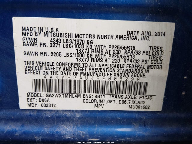 Продажа на аукционе авто 2015 Mitsubishi Outlander Sport Es, vin: 4A4AP3AU4FE008299, номер лота: 45021196