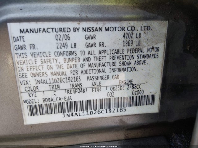 Продажа на аукционе авто 2006 Nissan Altima 2.5 S, vin: 1N4AL11D26C192165, номер лота: 45021201