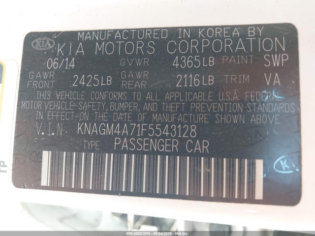 Продаж на аукціоні авто 2015 Kia Optima Lx, vin: KNAGM4A71F5543128, номер лоту: 45021206