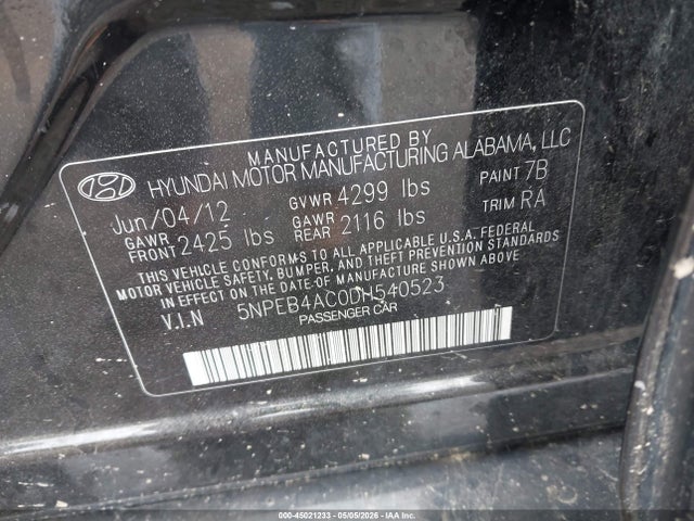 Aukcja sprzedaży 2013 Hyundai Sonata Gls, vin: 5NPEB4AC0DH540523, numer aukcji: 45021233