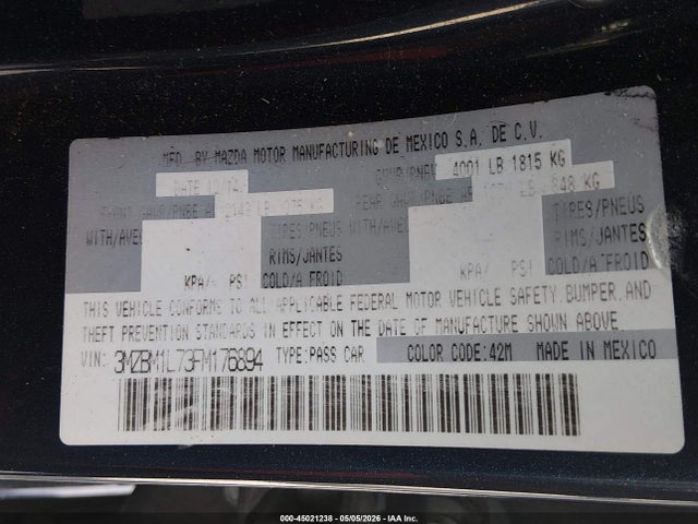 45021238 :رقم المزاد ، 3MZBM1L73FM176894 vin ، 2015 Mazda Mazda3 مزاد بيع