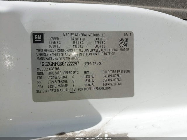 Aukcja sprzedaży 2016 Chevrolet Express 3500 Work Van, vin: 1GCZGHFG3G1222297, numer aukcji: 45021243