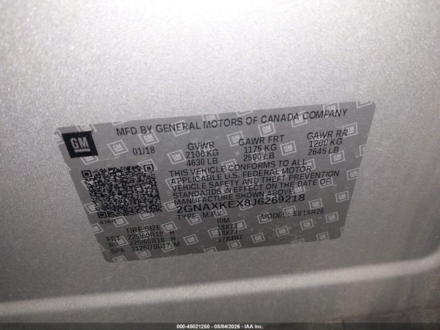 Продаж на аукціоні авто 2018 Chevrolet Equinox Lt, vin: 2GNAXKEX8J6269218, номер лоту: 45021250