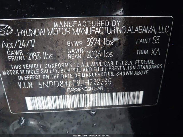 Aukcja sprzedaży 2018 Hyundai Elantra Value Edition, vin: 5NPD84LF9JH222235, numer aukcji: 45021276