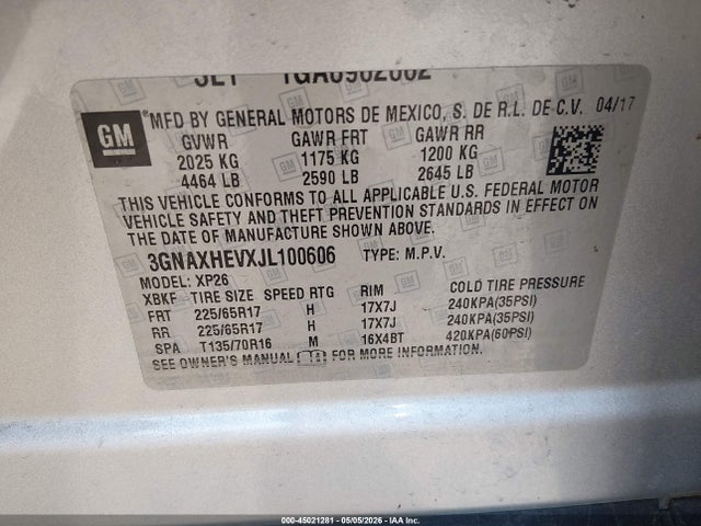 Продажа на аукционе авто 2018 Chevrolet Equinox Ls, vin: 3GNAXHEVXJL100606, номер лота: 45021281