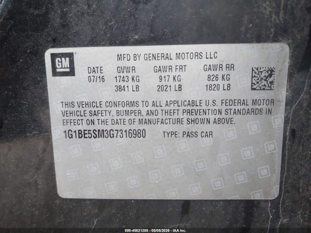 45021288 :رقم المزاد ، 1G1BE5SM3G7316980 vin ، 2016 Chevrolet Cruze Lt Auto مزاد بيع