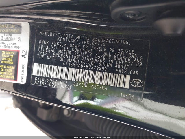45021298 :رقم المزاد ، 4T1BK3DBXBU372999 vin ، 2011 Toyota Avalon Limited مزاد بيع