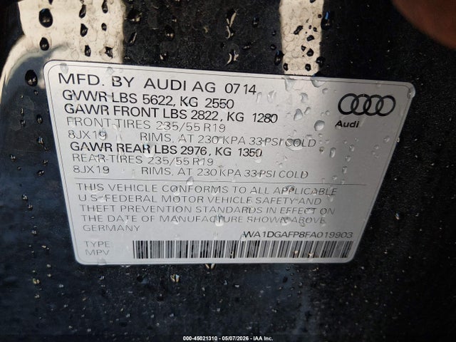 45021310 :رقم المزاد ، WA1DGAFP8FA019903 vin ، 2015 Audi Q5 3.0t Premium Plus مزاد بيع