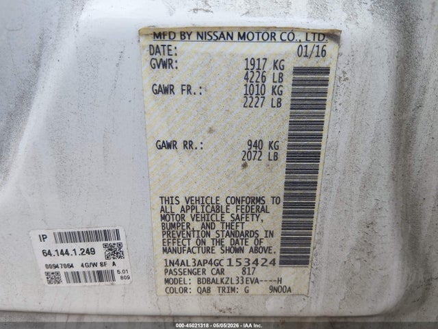 Aukcja sprzedaży 2016 Nissan Altima 2.5 Sv, vin: 1N4AL3AP4GC153424, numer aukcji: 45021318