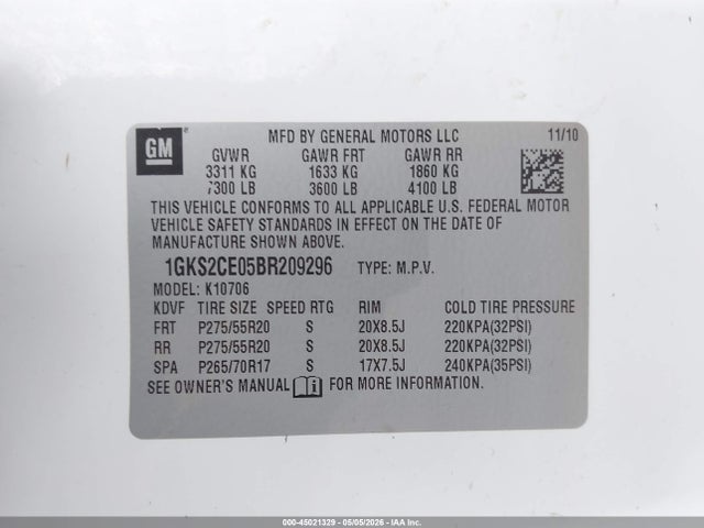 Auction sale of the 2011 Gmc Yukon Slt, vin: 1GKS2CE05BR209296, lot number: 45021329