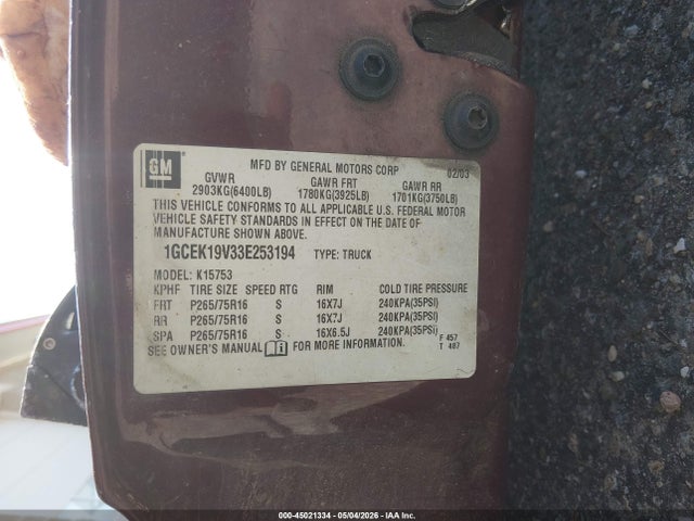 45021334 :رقم المزاد ، 1GCEK19V33E253194 vin ، 2003 Chevrolet Silverado 1500 Ls مزاد بيع