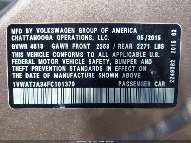 45021339 :رقم المزاد ، 1VWAT7A34FC101379 vin ، 2015 Volkswagen Passat 1.8t Wolfsburg Edition مزاد بيع