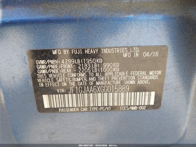 Продажа на аукционе авто 2016 Subaru Impreza 2.0i, vin: JF1GJAA6XGG015889, номер лота: 45021361
