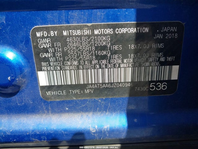 Aukcja sprzedaży 2018 Mitsubishi Eclipse Cross Se, vin: JA4AT5AA6JZ040946, numer aukcji: 45021376