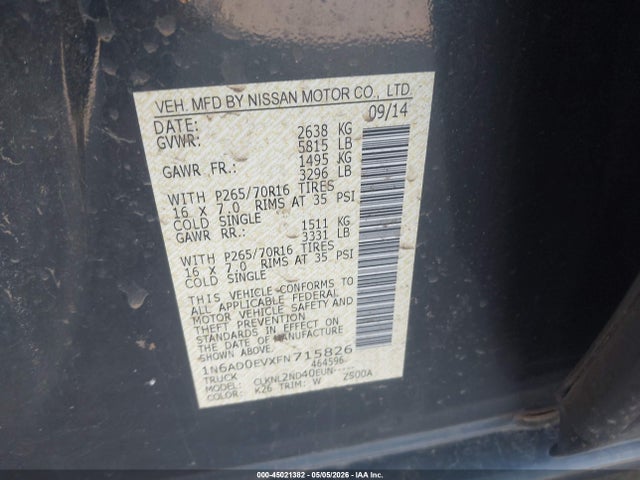 Продажа на аукционе авто 2015 Nissan Frontier Sv, vin: 1N6AD0EVXFN715826, номер лота: 45021382