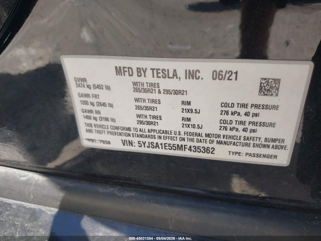 Aukcja sprzedaży 2021 Tesla Model S Long Range Dual Motor All-wheel Drive, vin: 5YJSA1E55MF435362, numer aukcji: 45021384