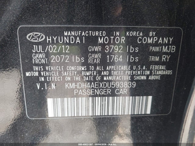 Aukcja sprzedaży 2013 Hyundai Elantra Limited, vin: KMHDH4AEXDU593839, numer aukcji: 45021387