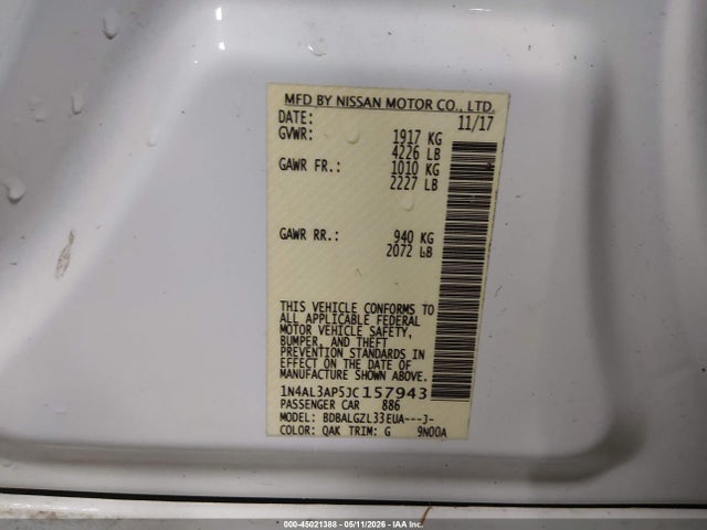 Aukcja sprzedaży 2018 Nissan Altima 2.5 S, vin: 1N4AL3AP5JC157943, numer aukcji: 45021388
