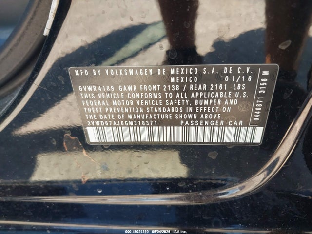 2016 Volkswagen Jetta 1.4t Se მანქანა იყიდება აუქციონზე, vin: 3VWD67AJ6GM318371, აუქციონის ნომერი: 45021390