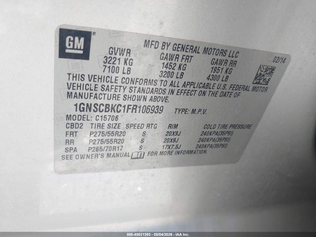 Aukcja sprzedaży 2015 Chevrolet Tahoe Lt, vin: 1GNSCBKC1FR106939, numer aukcji: 45021393