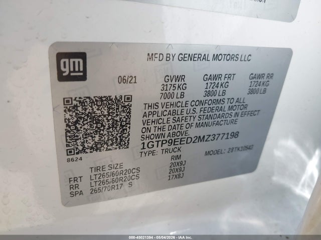 Aukcja sprzedaży 2021 Gmc Sierra 1500 4wd  Short Box At4, vin: 1GTP9EED2MZ377198, numer aukcji: 45021394