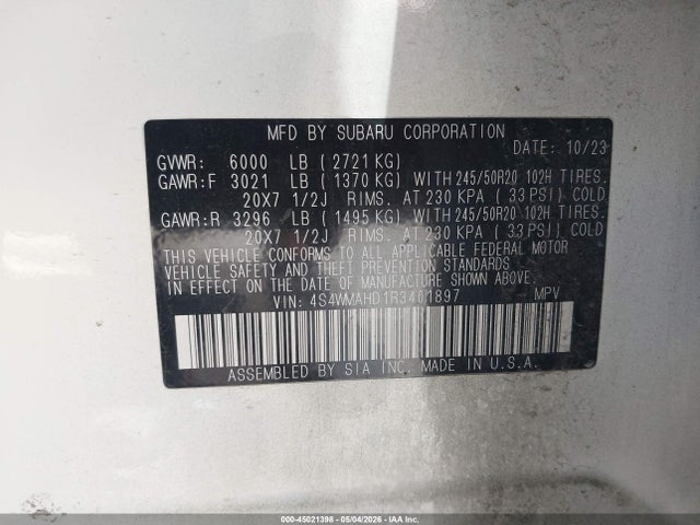 2024 Subaru Ascent Onyx Edition 7-passenger მანქანა იყიდება აუქციონზე, vin: 4S4WMAHD1R3401897, აუქციონის ნომერი: 45021398
