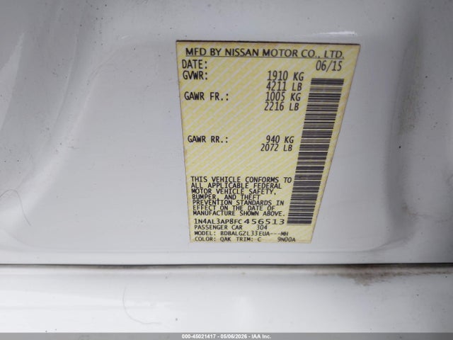 45021417 :رقم المزاد ، 1N4AL3AP8FC456513 vin ، 2015 Nissan Altima 2.5 S مزاد بيع
