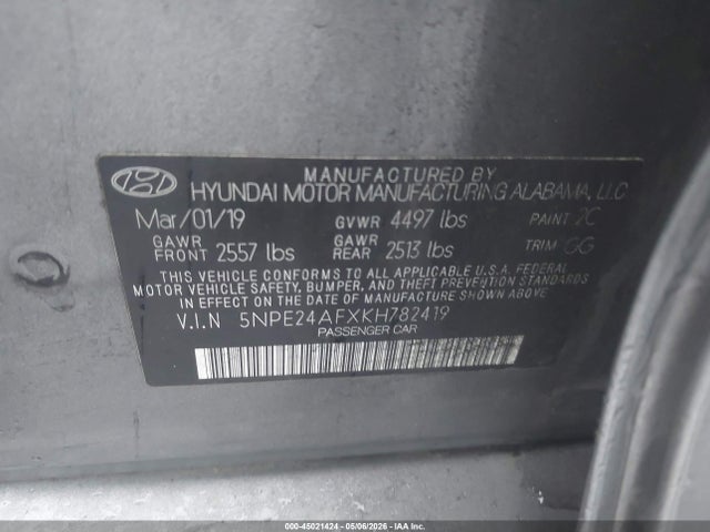 Aukcja sprzedaży 2019 Hyundai Sonata Se, vin: 5NPE24AFXKH782419, numer aukcji: 45021424