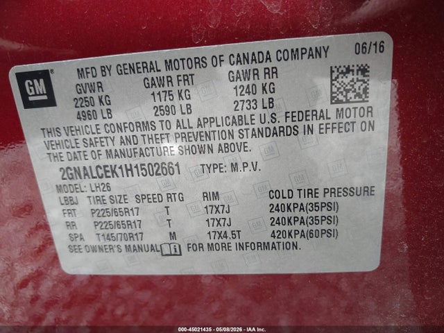 Продажа на аукционе авто 2017 Chevrolet Equinox Lt, vin: 2GNALCEK1H1502661, номер лота: 45021435