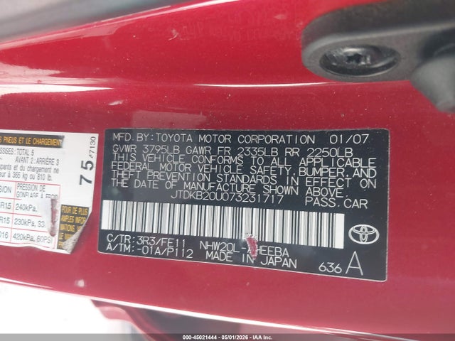 Продажа на аукционе авто 2007 Toyota Prius, vin: JTDKB20U073231717, номер лота: 45021444