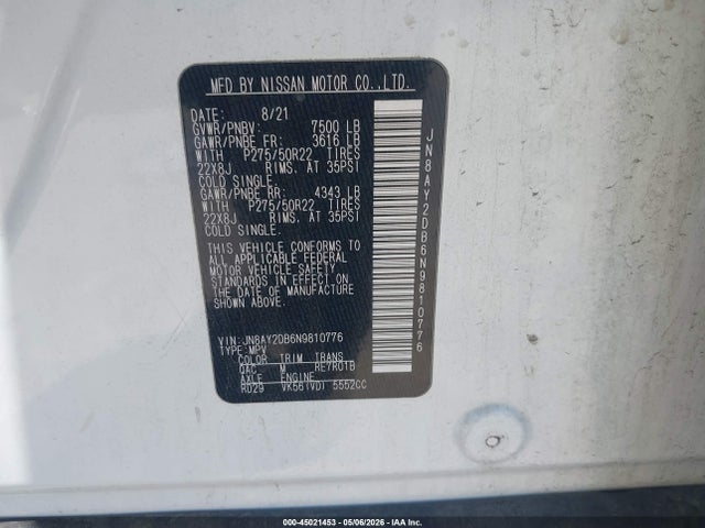 45021453 :رقم المزاد ، JN8AY2DB6N9810776 vin ، 2022 Nissan Armada Platinum 4wd مزاد بيع