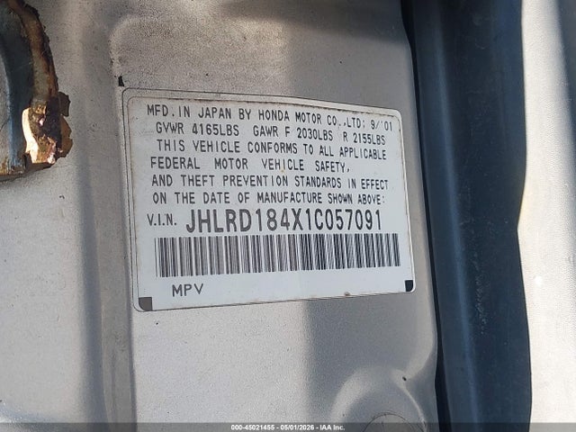2001 Honda Cr-v Lx მანქანა იყიდება აუქციონზე, vin: JHLRD184X1C057091, აუქციონის ნომერი: 45021455