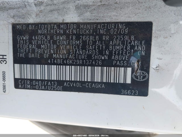 2009 Toyota Camry Xle მანქანა იყიდება აუქციონზე, vin: 4T4BE46K29R137426, აუქციონის ნომერი: 45021460
