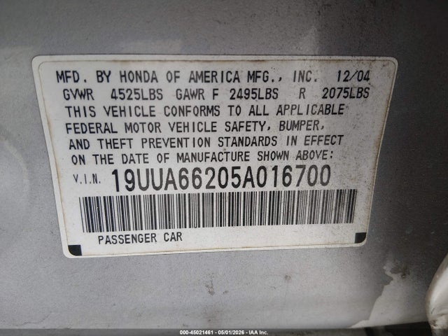 2005 Acura Tl მანქანა იყიდება აუქციონზე, vin: 19UUA66205A016700, აუქციონის ნომერი: 45021461