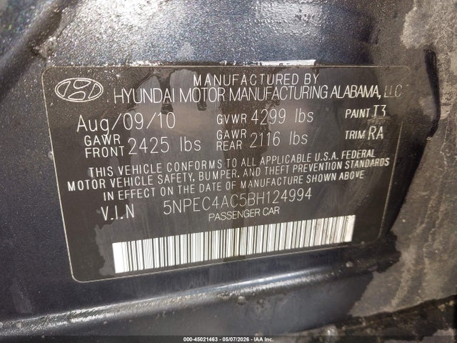 2011 Hyundai Sonata Se მანქანა იყიდება აუქციონზე, vin: 5NPEC4AC5BH124994, აუქციონის ნომერი: 45021463